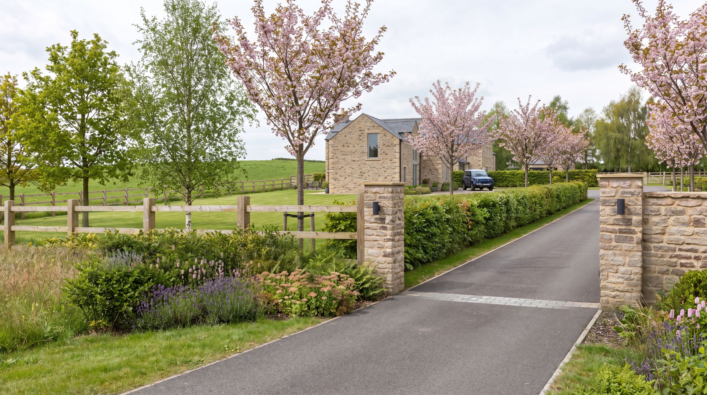 Tree lined private drive leading into Birkland Farm