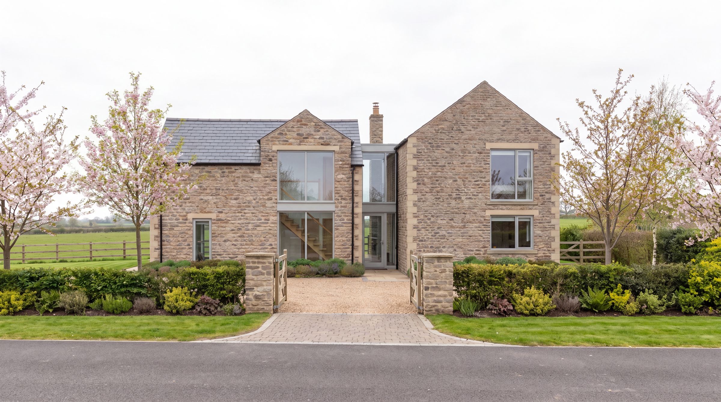 Front elevation of Birkland Farm showing the glazed link and feature staircase